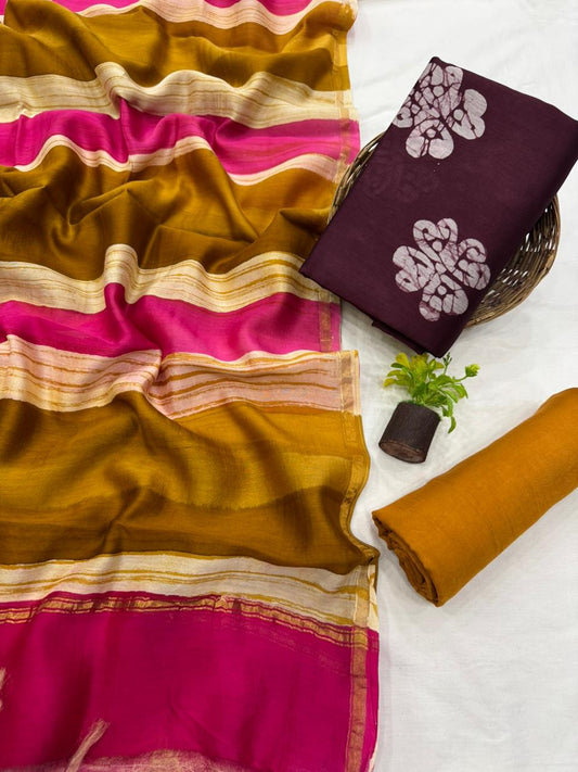 Premium Handblock Print Pure Chanderi Silk Unstitched Suit Set – Handwoven Zari Border | The Bhankar’s