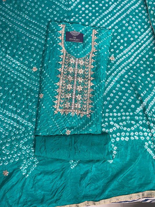 RAMA GREEN BANDHANI HEAVY ART SILK FABRIC DOUBLE SHADES SUITS WITH BEAUTIFUL HAND GOTAPATTI WORK DUPATTA