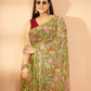 Exclusive Handblock Printed Pure Double Diamond Chiffon Floral Green Print | Premium Bemberg Silk Chiffon with Intricate Gold Zari Border