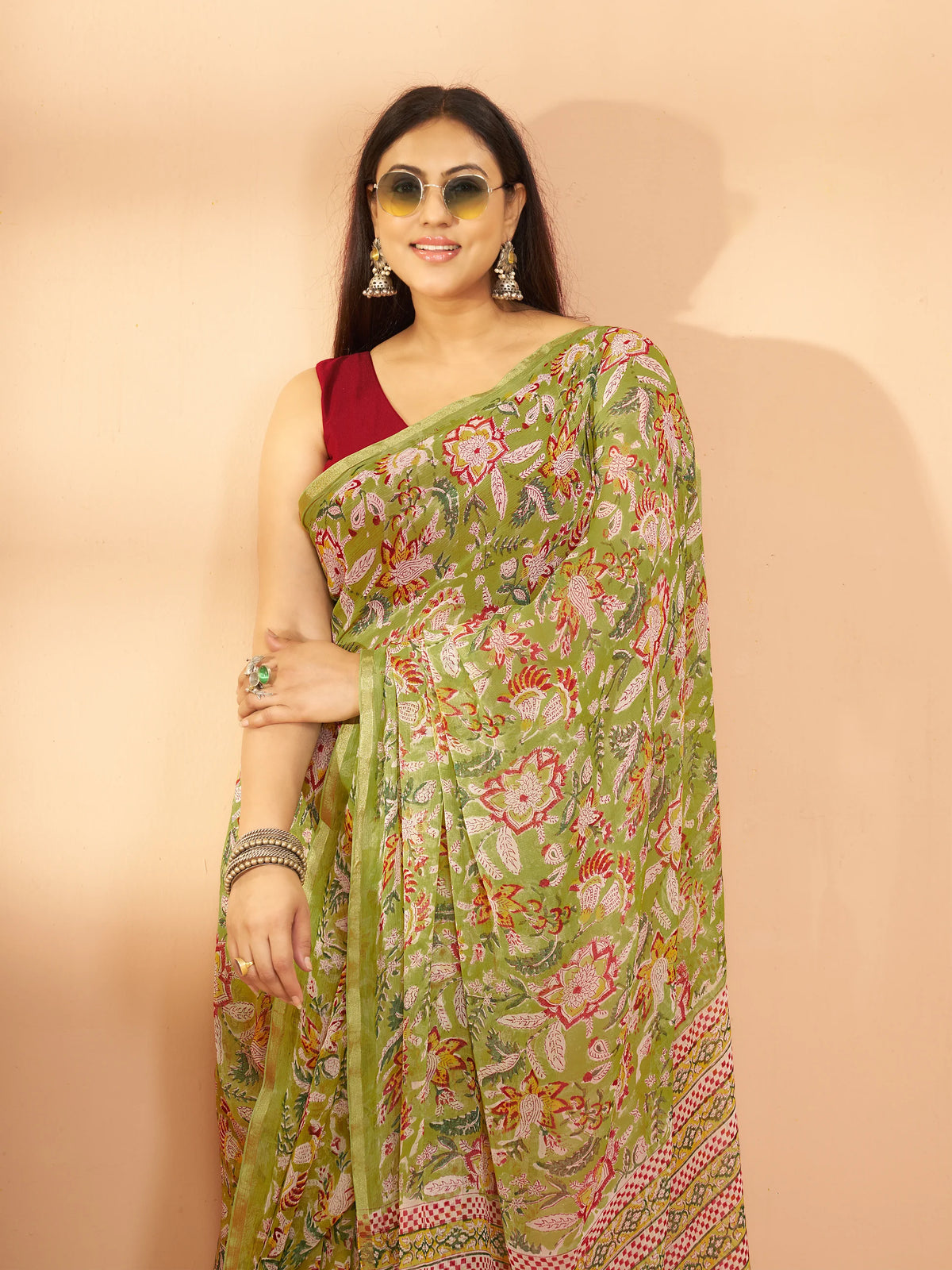 Exclusive Handblock Printed Pure Double Diamond Chiffon Floral Green Print | Premium Bemberg Silk Chiffon with Intricate Gold Zari Border