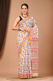Handblock Printed Cotton Mulmul Saree with Blouse Piece