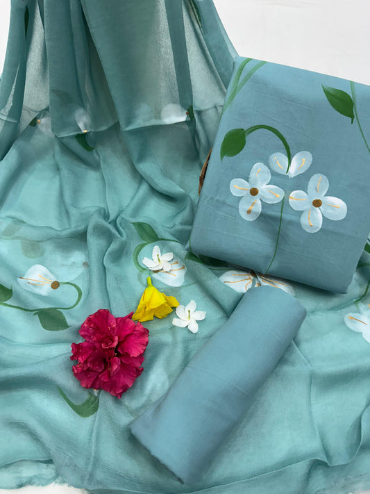 Beautiful Sea Green Hand Painted Cotton Suit With Hand Painted Chiffon Dupatta
