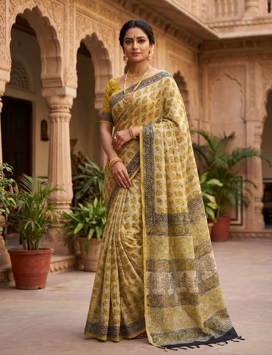 Exclusive Premium Handblock Printed Pure Double Diamond Chiffon Saree with Matching Blouse Piece – Beige & Mustard Gold