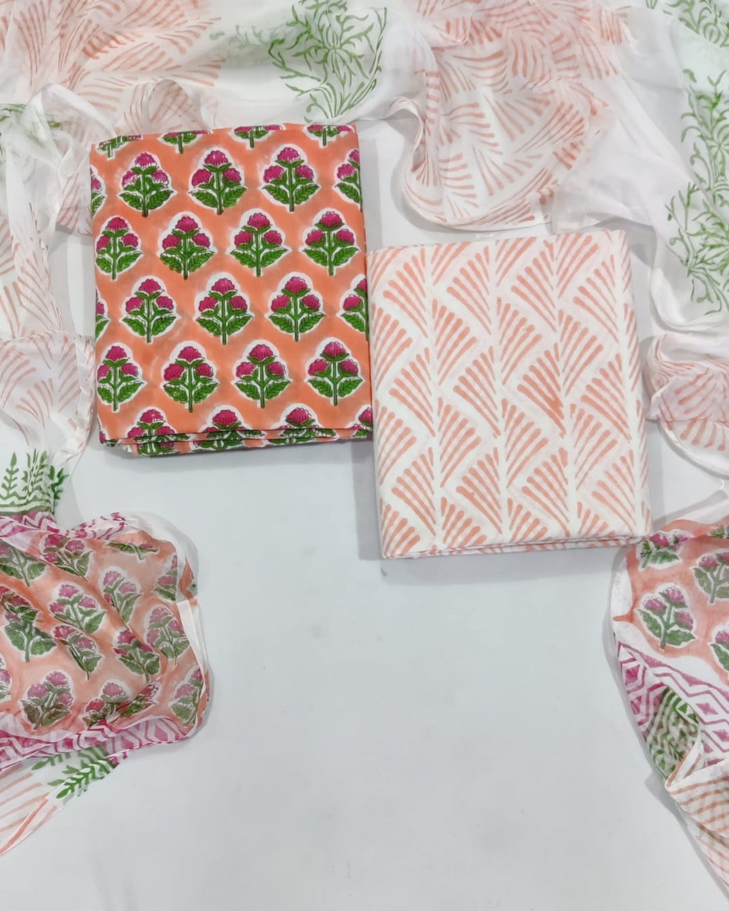 Rapid Hand Block Printed Cotton Suit With Chiffon Dupatta