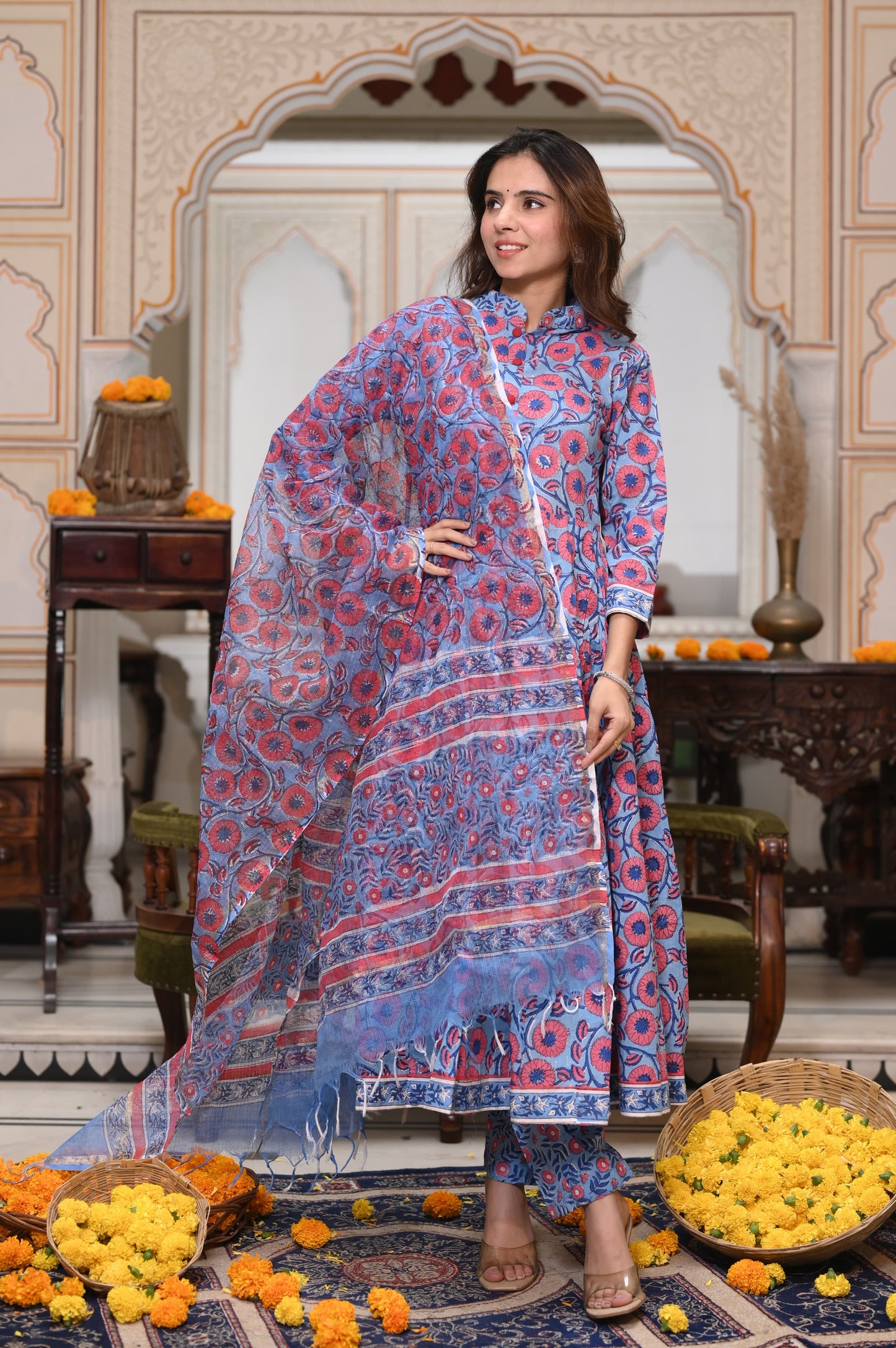 Bagru Handblock Printed Anarkali Set With Kota doria Dupatta with Zari Border