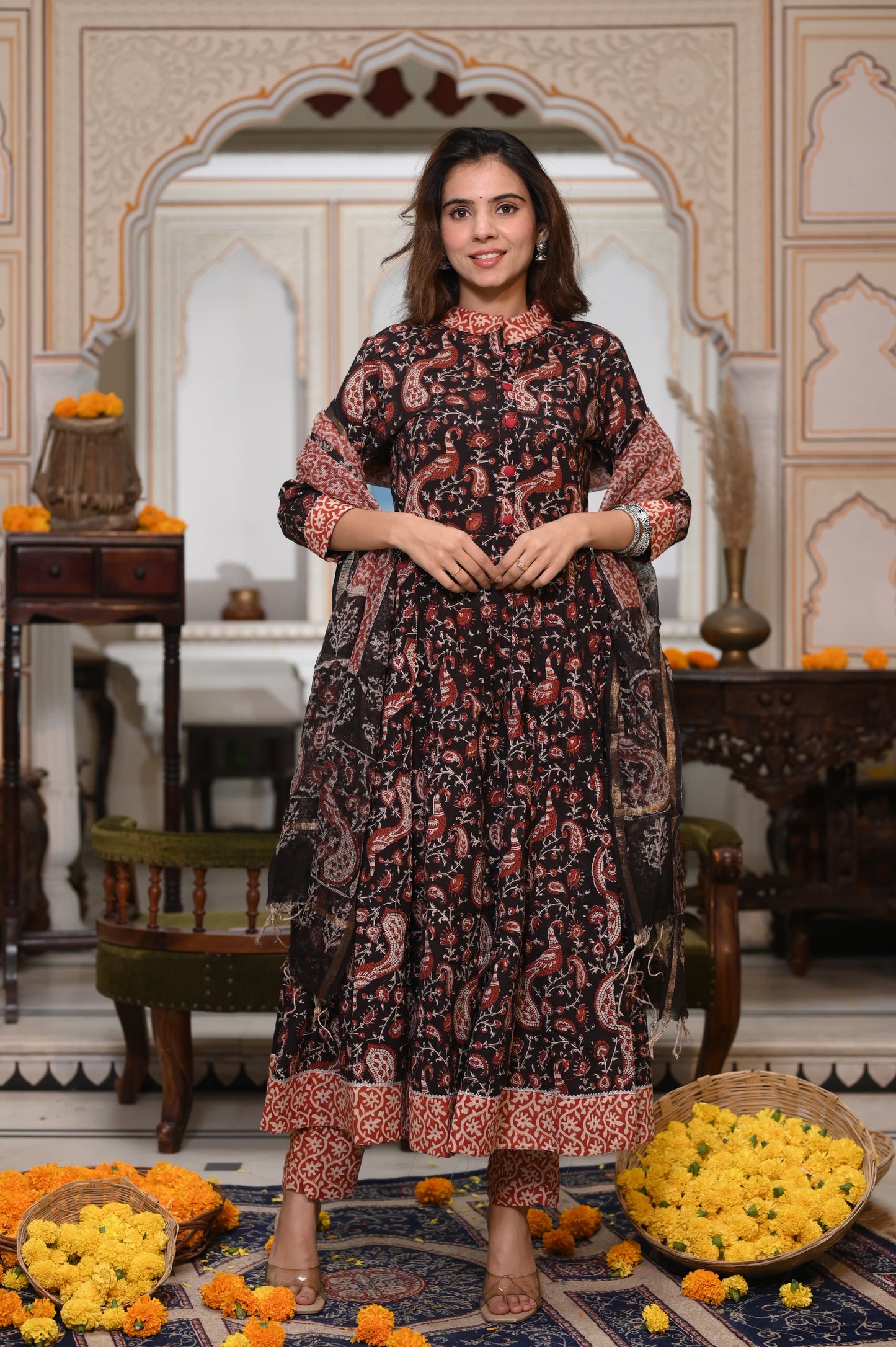 Bagru Handblock Printed Anarkali Set With Kota doria Dupatta with Zari Border