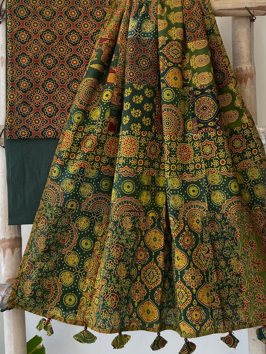 Ajrakh Dupatta suit With hand applique mirror work Ajarakh print Suit pcs with patch work and mirror work dupatta
