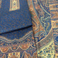 Blue Self Print Panel Style Floral Printed Semi Pashmina Winter Suit Set