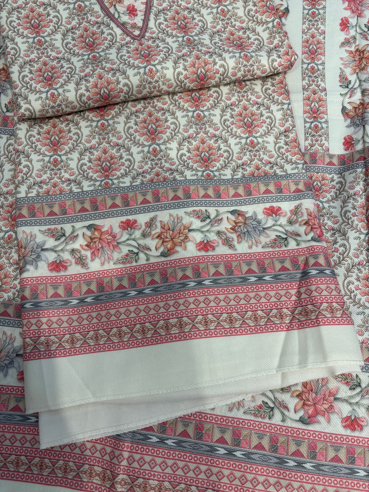 Off White Panel Style Floral Printed Semi Pashmina Winter Suit Set