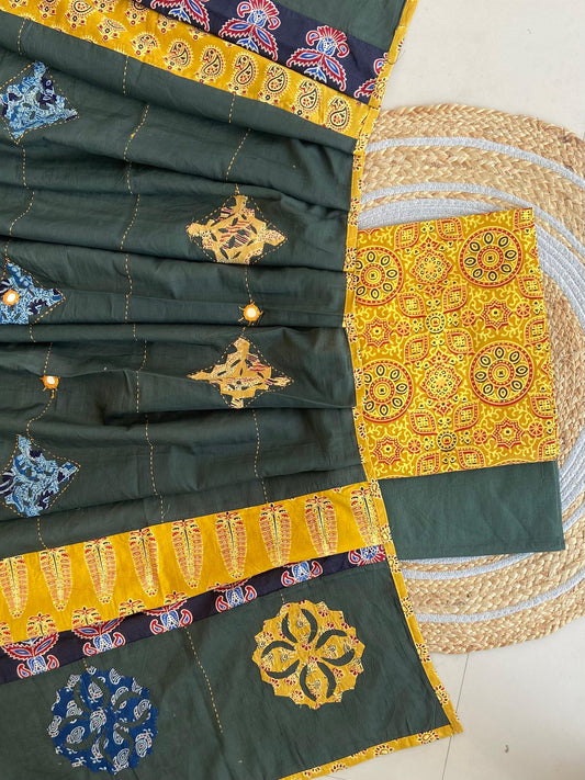 Ajrakh Dupatta suit With hand applique mirror work Ajarakh print Suit pcs with patch work and mirror work dupatta