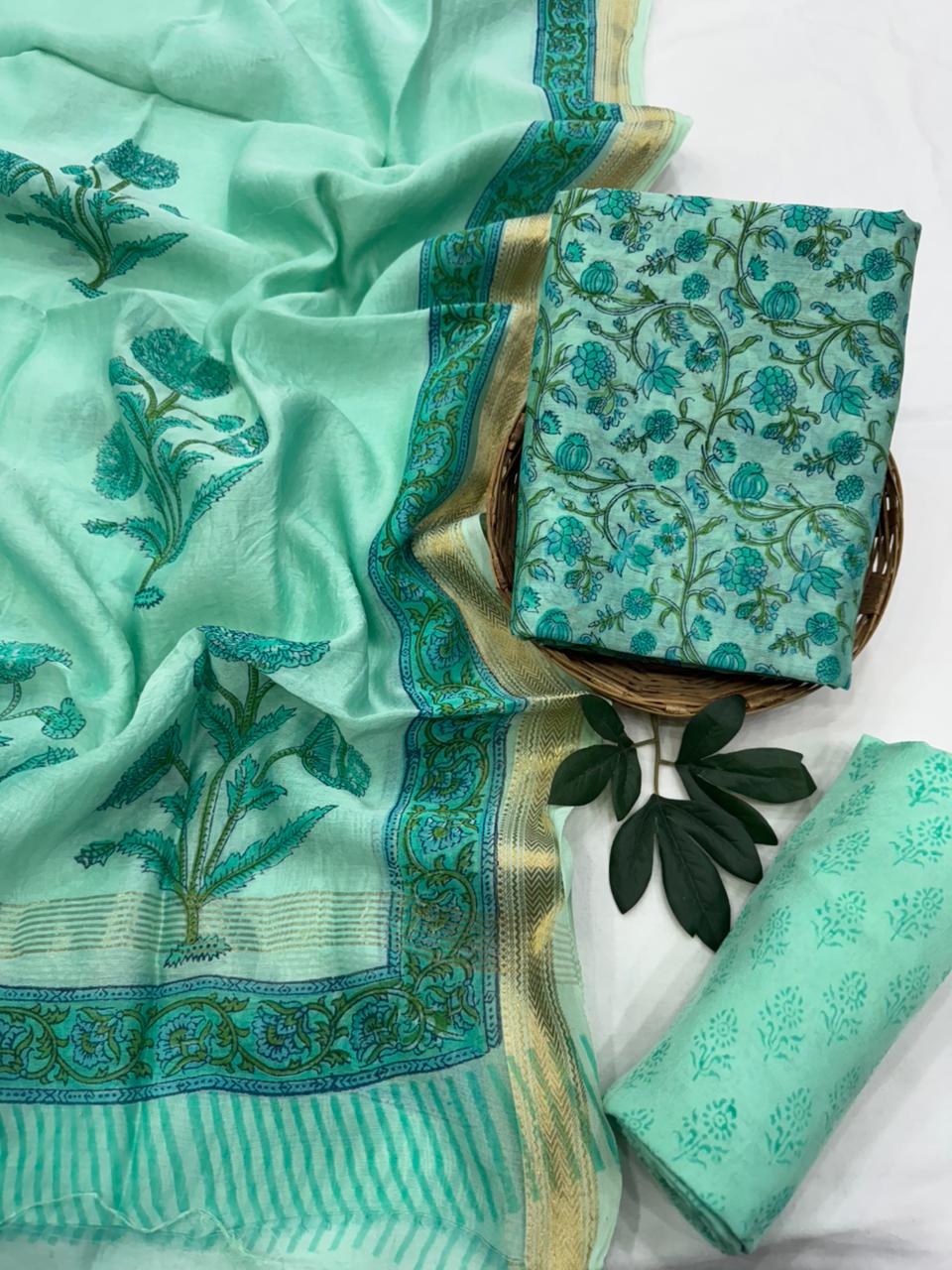 Bagru Natural Premium Maheshwari Silk Unstitched Suit with Santoon Bottom – Festive Ready
