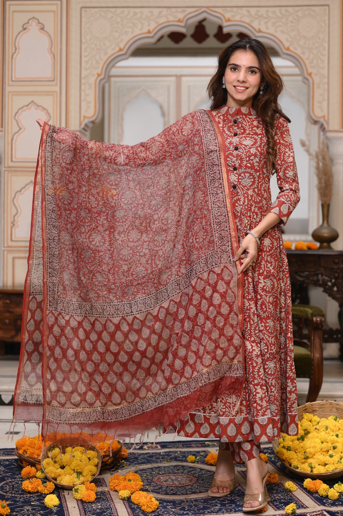 Bagru Handblock Printed Anarkali Set With Kota doria Dupatta with Zari Border