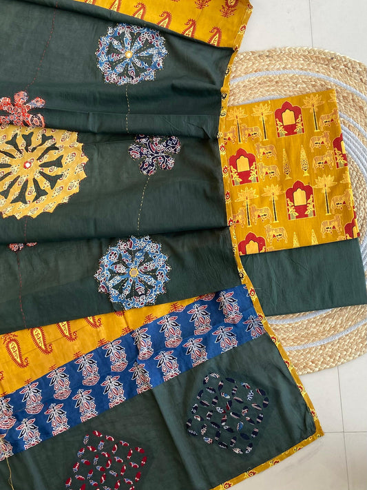 Ajrakh Dupatta suit With hand applique mirror work Ajarakh print Suit pcs with patch work and mirror work dupatta
