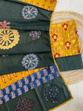 Ajrakh Dupatta suit With hand applique mirror work Ajarakh print Suit pcs with patch work and mirror work dupatta