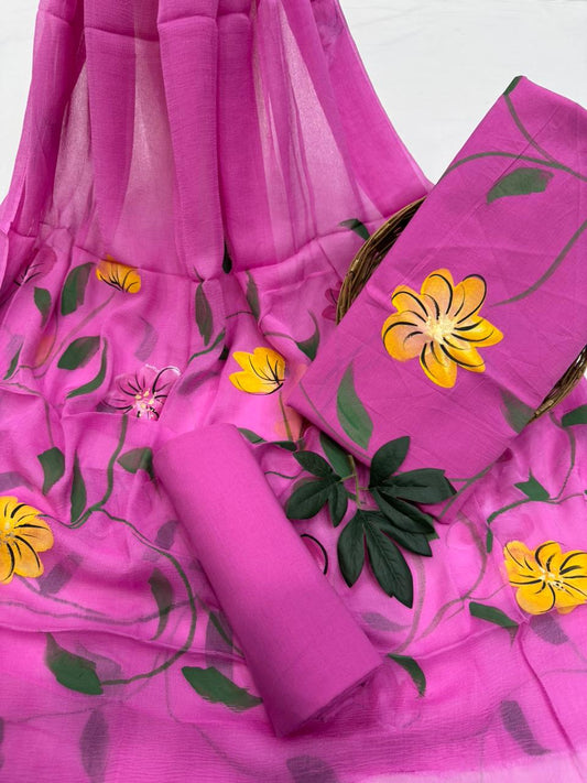 Pink Hand Painted Cotton Suit With Hand Painted Chiffon Dupatta