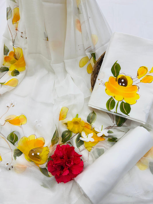 Hand Painted Cotton Suit With Hand Painted Chiffon Dupatta