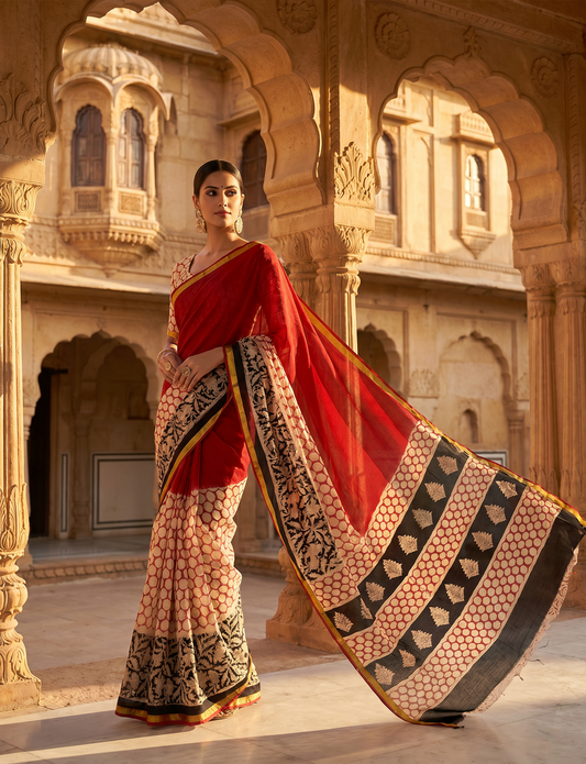 Exclusive Premium Handblock Printed Pure Double Diamond Chiffon Saree with Matching Blouse Piece – Red, Ivory & Black
