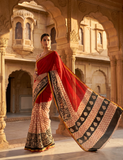 Exclusive Premium Handblock Printed Pure Double Diamond Chiffon Saree with Matching Blouse Piece – Red, Ivory & Black