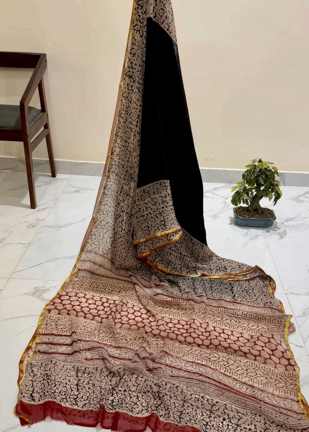Exclusive Premium Handblock Printed Pure Double Diamond Chiffon Saree with Matching Blouse Piece – Classic Black & Beige