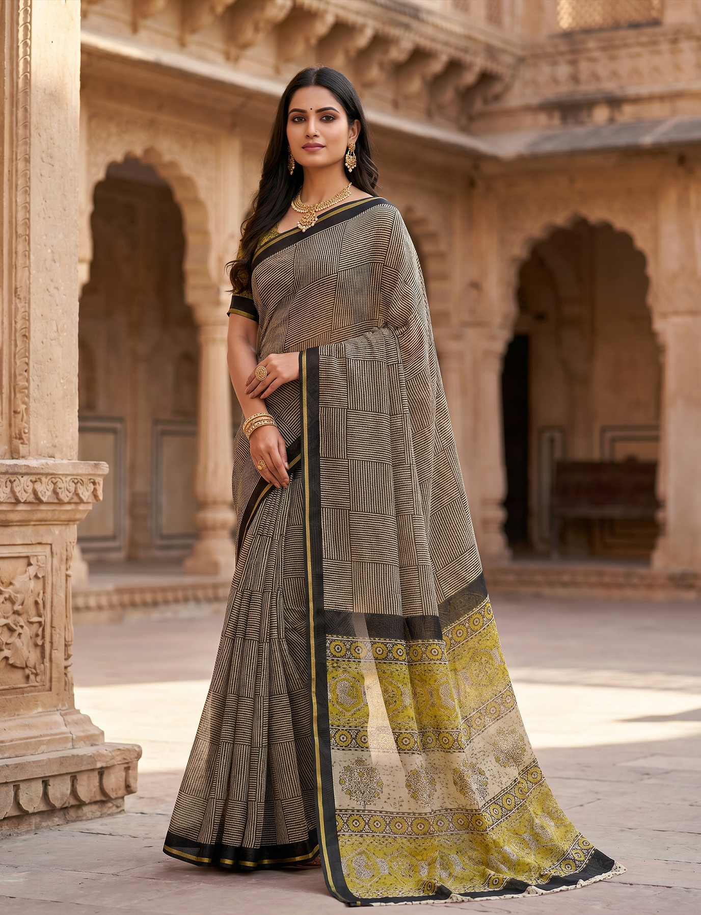 Exclusive Premium Handblock Printed Pure Double Diamond Chiffon Saree with Matching Blouse Piece – Grey & Mustard Yellow