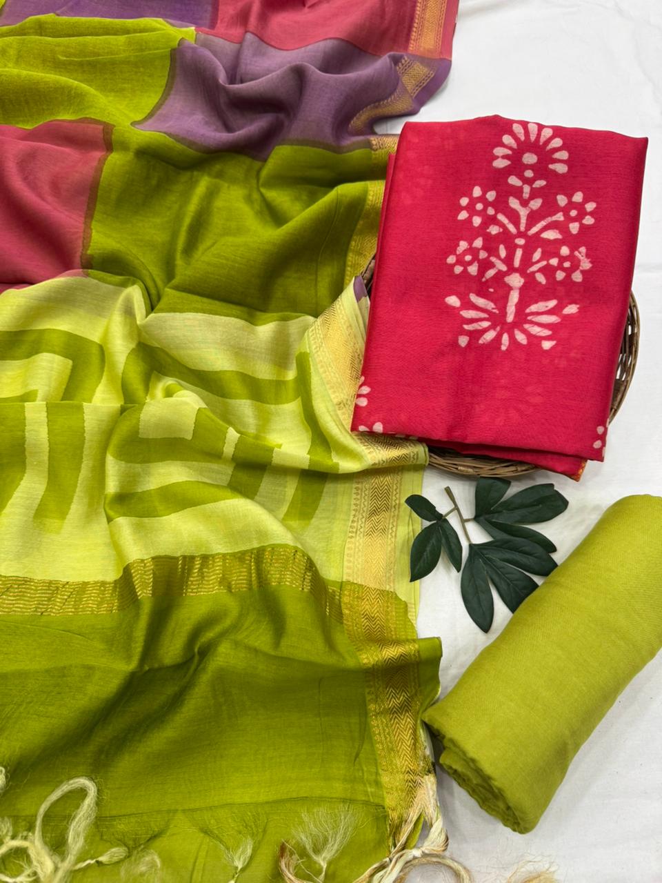 Premium Batik Maheshwari Silk Unstitched Suit with Santoon Bottom – Festive Ready