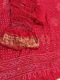 RED BANDHANI  PURE GAJJI SILK FABRIC SUITS WITH HEAVY ZARI RICH HAND PALLU DUPATTA