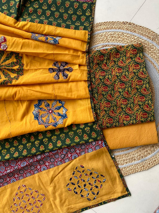 Ajrakh Dupatta suit With hand applique mirror work Ajarakh print Suit pcs with patch work and mirror work dupatta