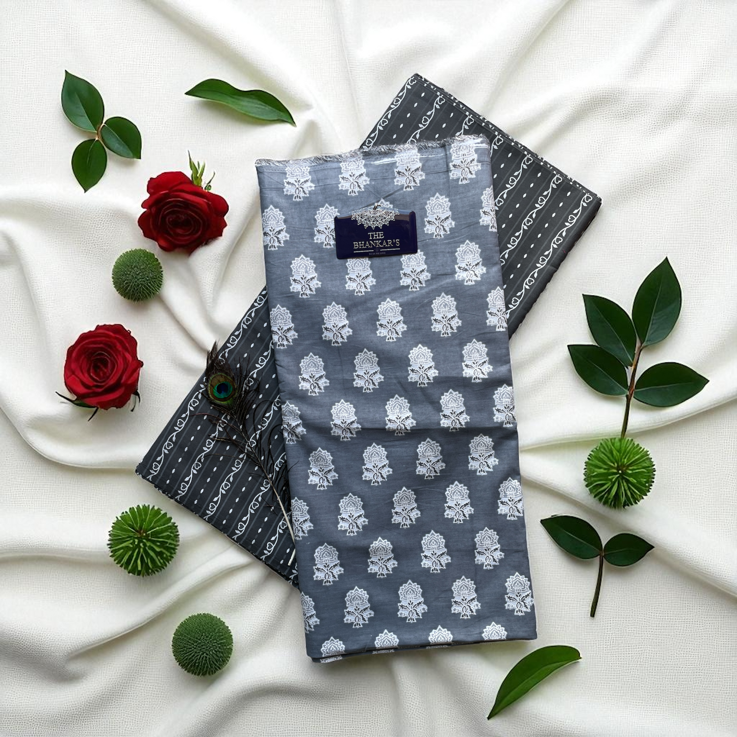 Grey Colour Small Buti Print Top and Bottom Cotton Combo Set 2.5 Mtr Each
