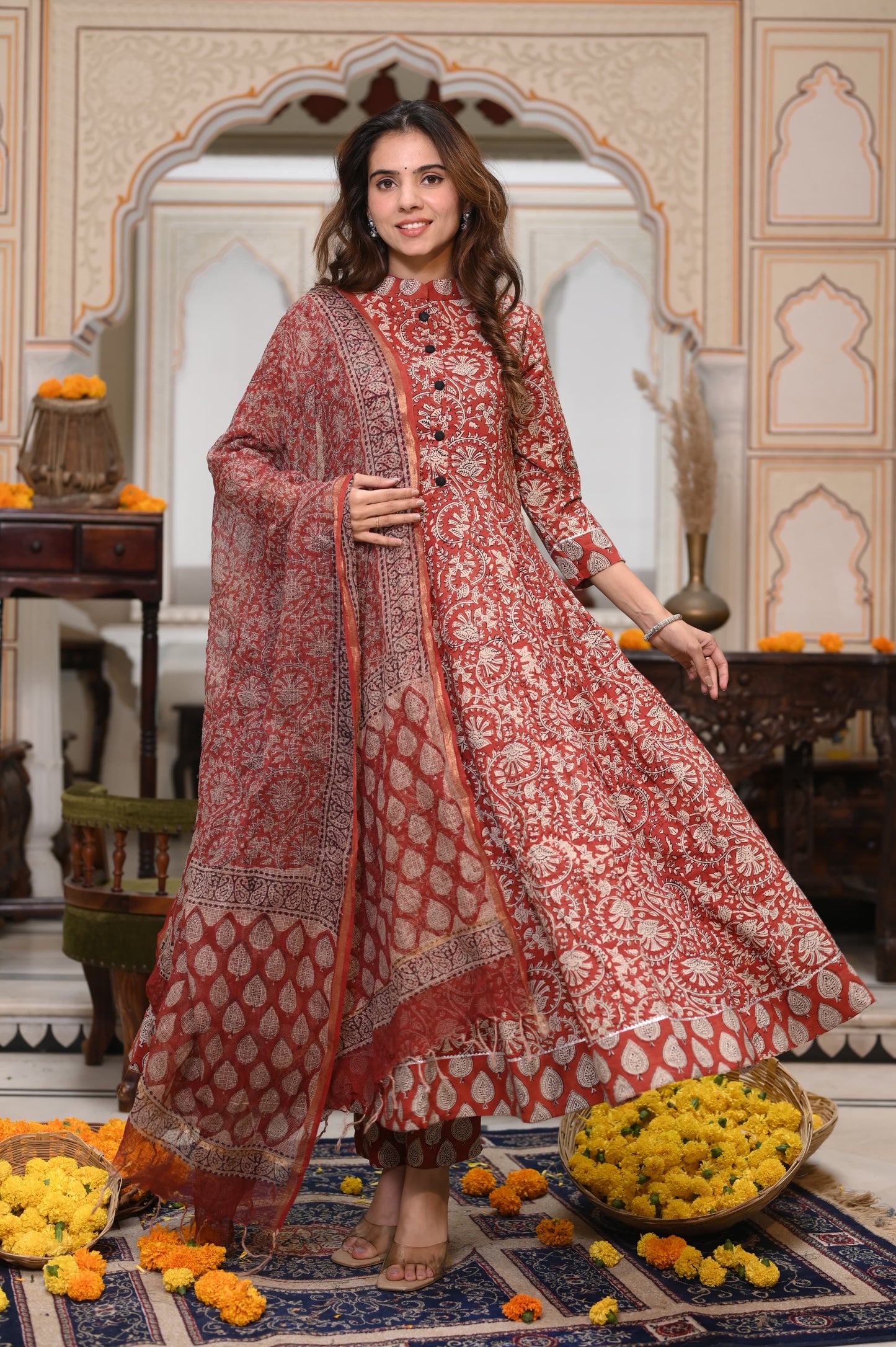 Bagru Handblock Printed Anarkali Set With Kota doria Dupatta with Zari Border