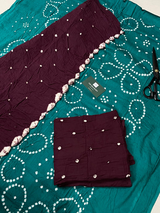 BANDHANI SATIN COTTON SUIT SET WITH MULMUL DUPATTA