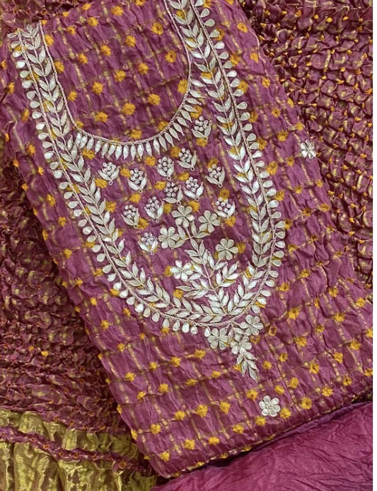 GHATCHOLA Neck BANDHANI Art SILK FABRIC SUITS WITH BEAUTIFUL HAND GOTAPATTI WORK DUPATTA