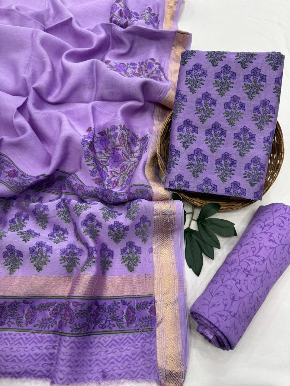 Maheshwari Silk Unstitched Suit Set – Top 2.5m, Bottom 2.5m Santoon, Dupatta 2.5m