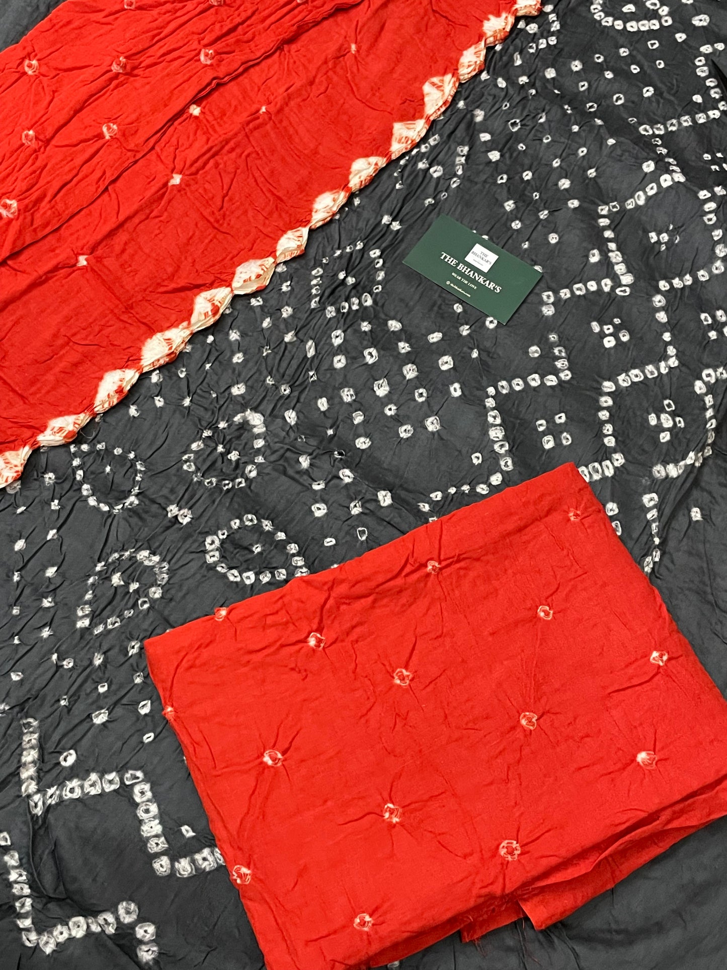 BANDHANI SATIN COTTON SUIT SET WITH MULMUL DUPATTA
