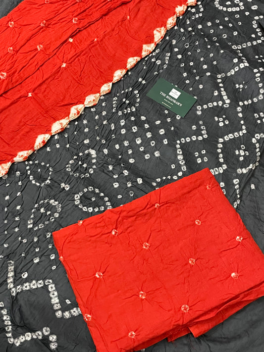 BANDHANI SATIN COTTON SUIT SET WITH MULMUL DUPATTA