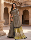 Exclusive Premium Handblock Printed Pure Double Diamond Chiffon Saree with Matching Blouse Piece – Grey & Mustard Yellow