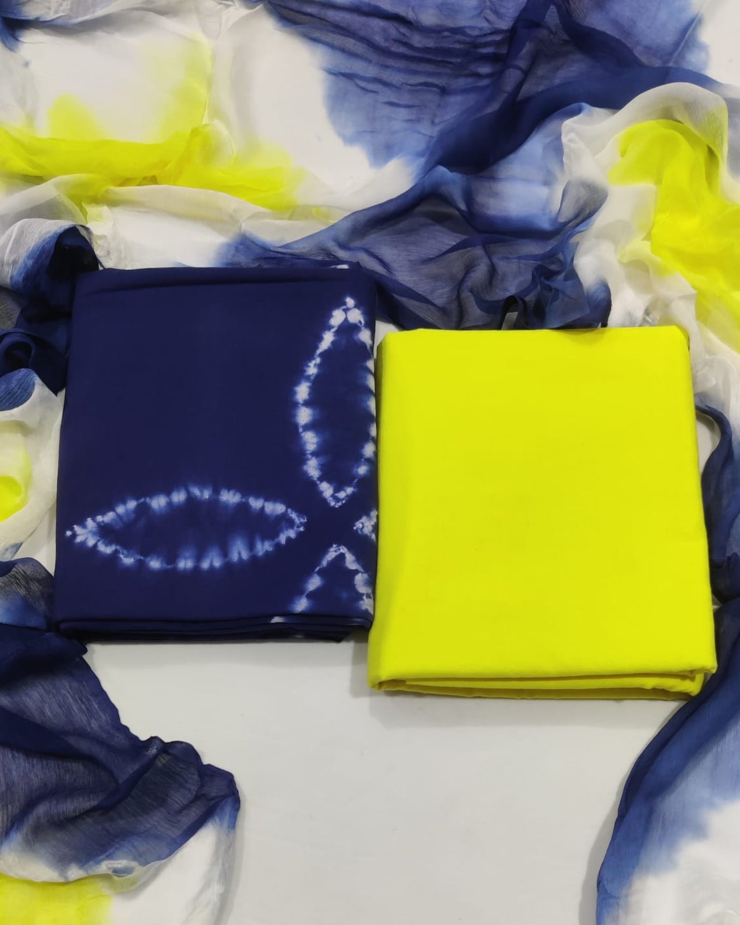 Tie Dye Hand Block Printed Cotton Suit With Chiffon Dupatta