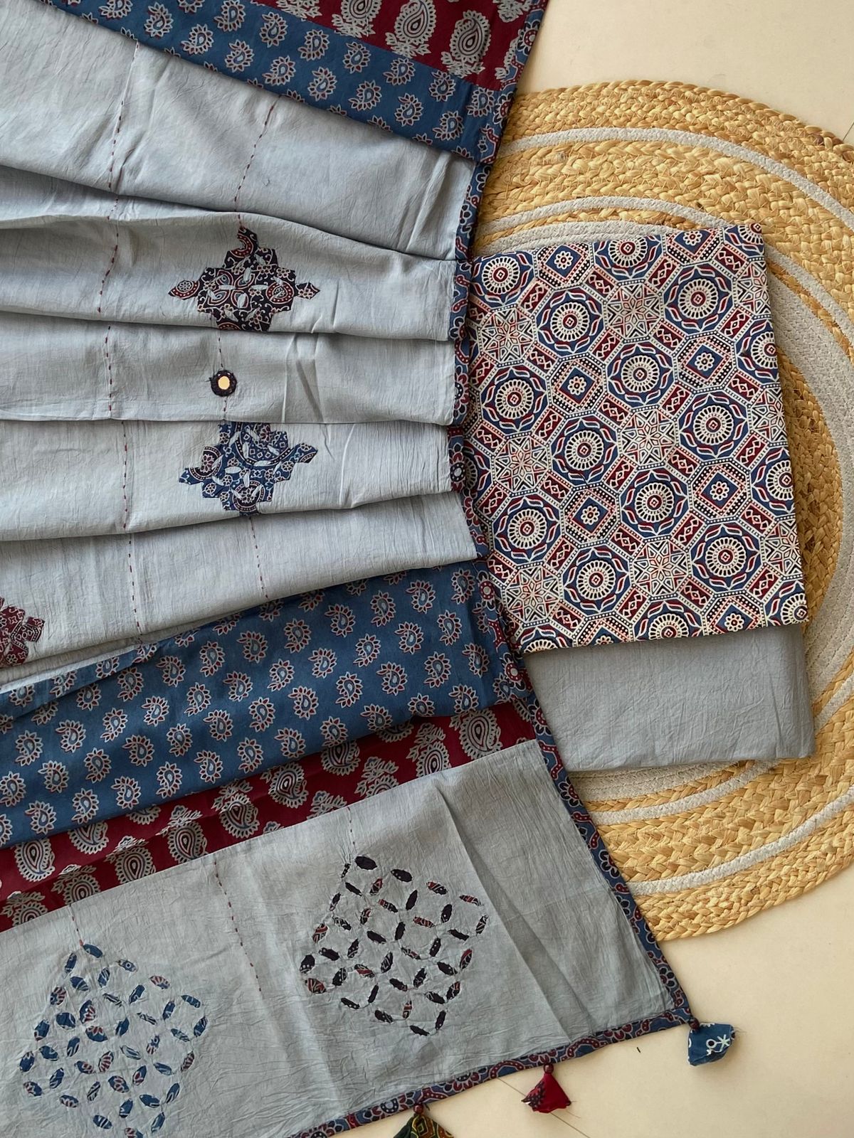 Ajrakh Dupatta suit With hand applique mirror work Ajarakh print Suit pcs with patch work and mirror work dupatta