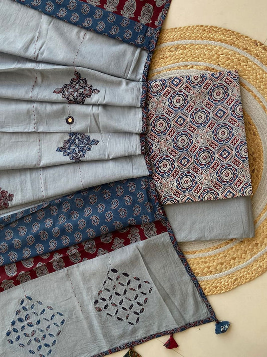 Ajrakh Dupatta suit With hand applique mirror work Ajarakh print Suit pcs with patch work and mirror work dupatta
