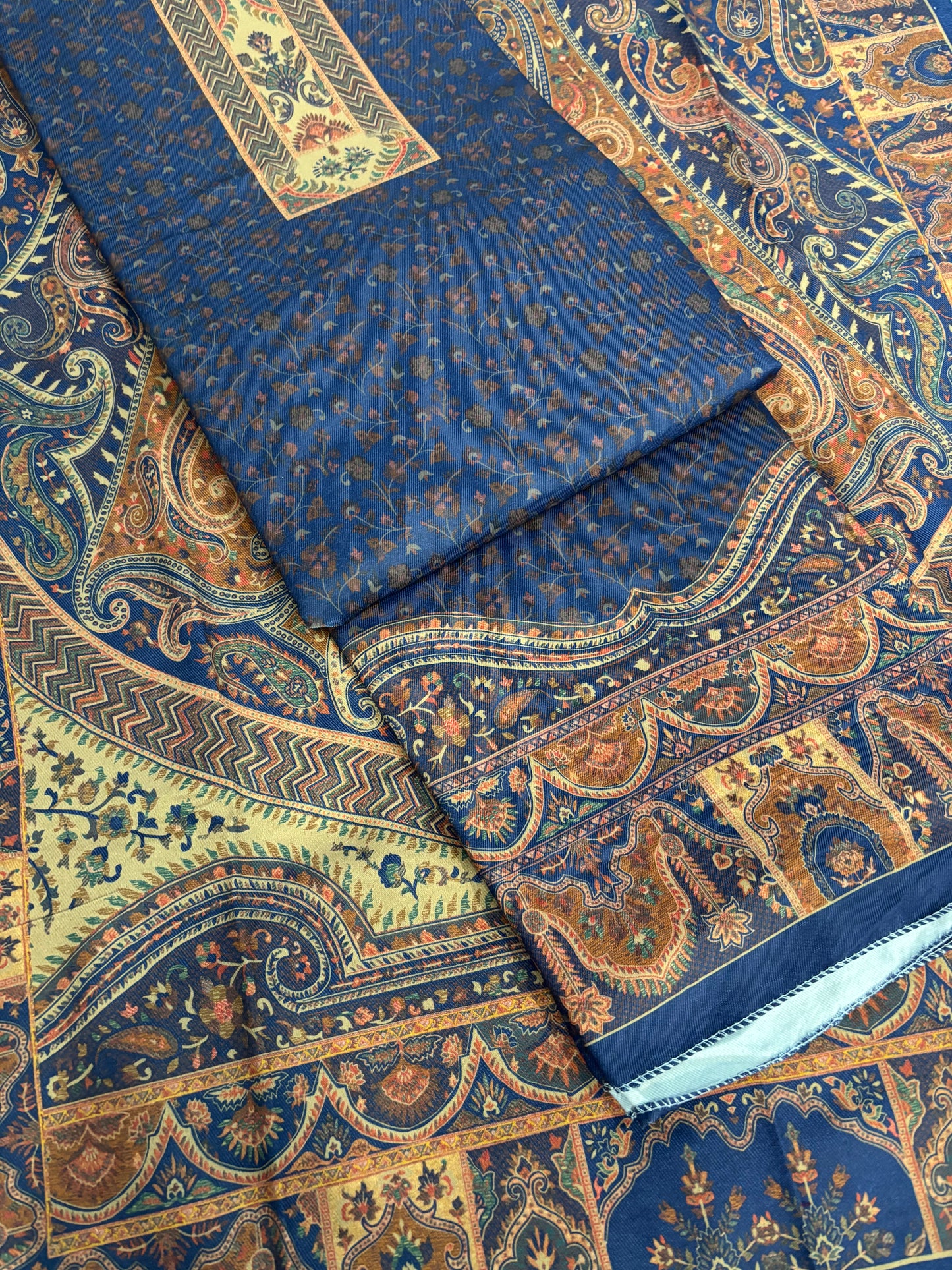 Blue Self Print Panel Style Floral Printed Semi Pashmina Winter Suit Set