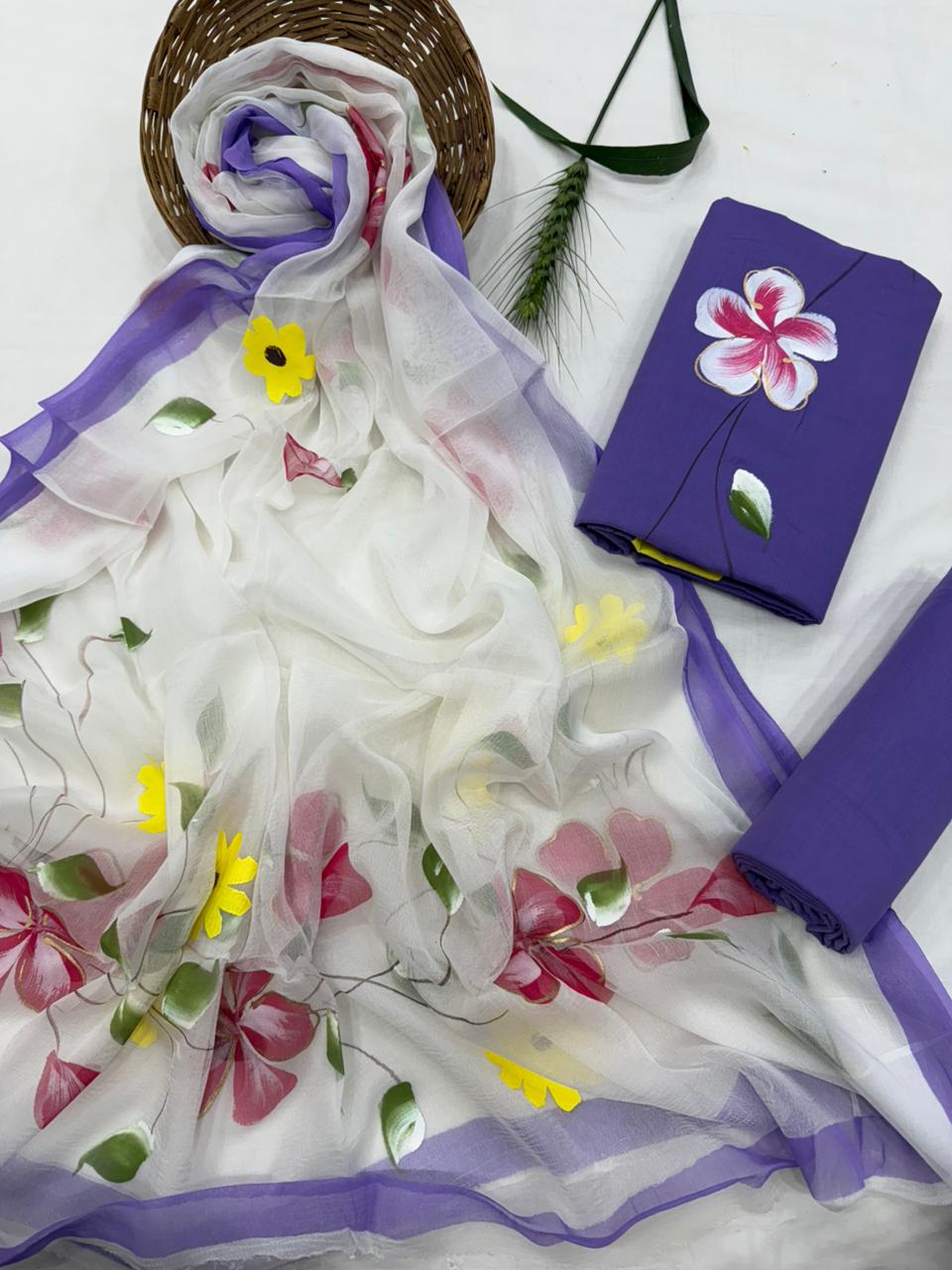 Baingani Hand Painted Cotton Suit With Hand Painted Chiffon Dupatta