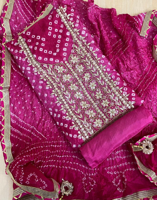 Magenta Pink BANDHANI HEAVY ART SILK FABRIC DOUBLE SHADES SUITS WITH BEAUTIFUL HAND GOTAPATTI WORK DUPATTA