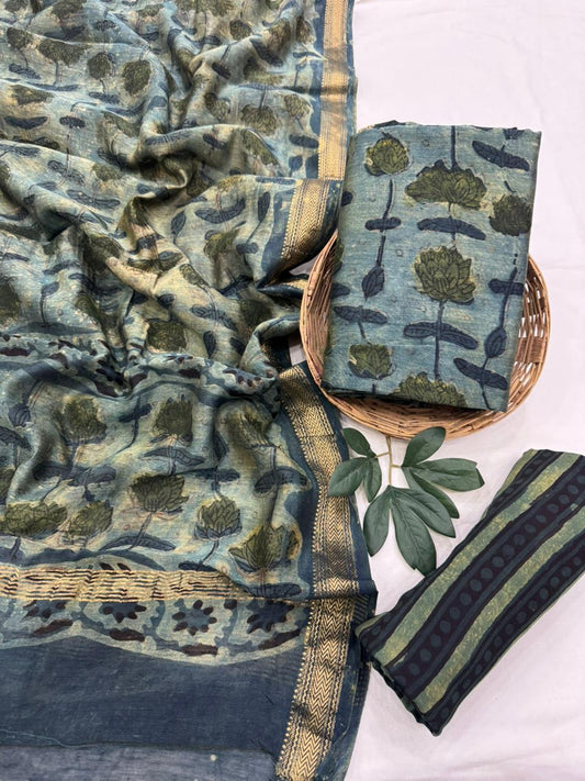 Bagru Natural Premium Maheshwari Silk Unstitched Suit with Santoon Bottom – Festive Ready