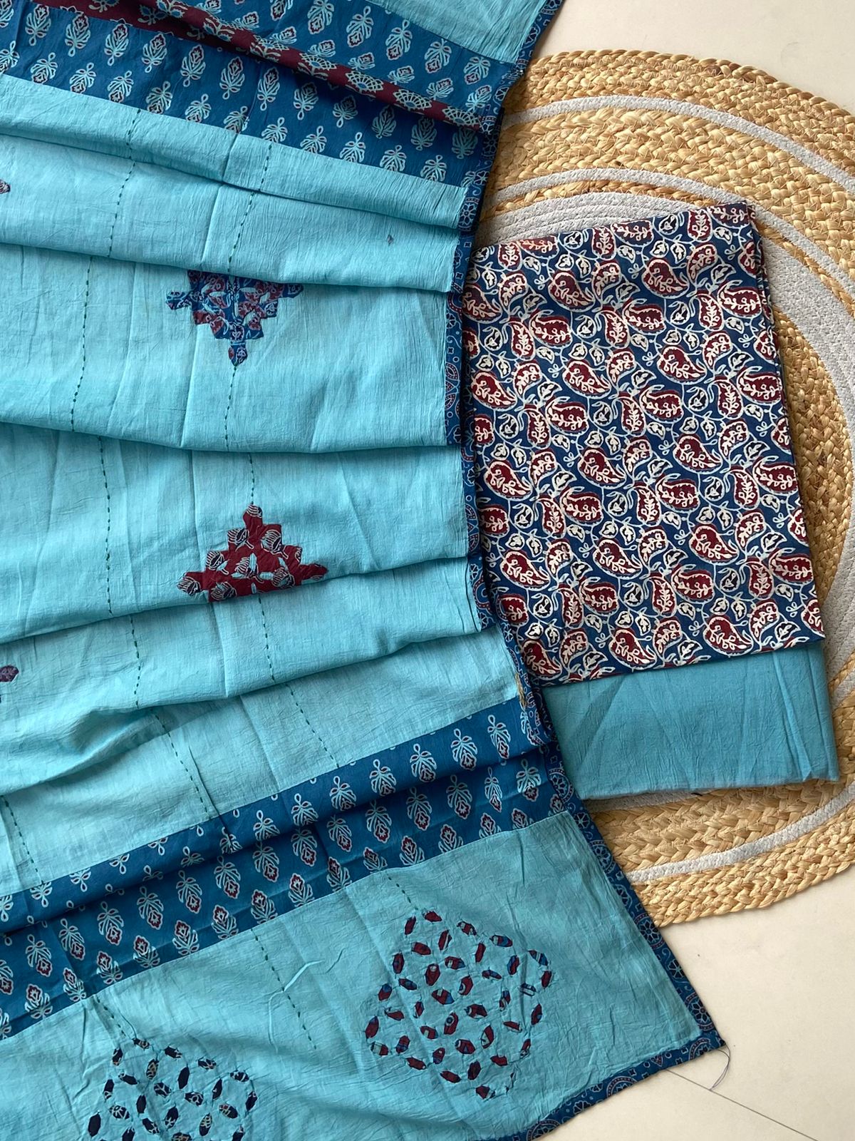 Ajrakh Dupatta suit With hand applique mirror work Ajarakh print Suit pcs with patch work and mirror work dupatta