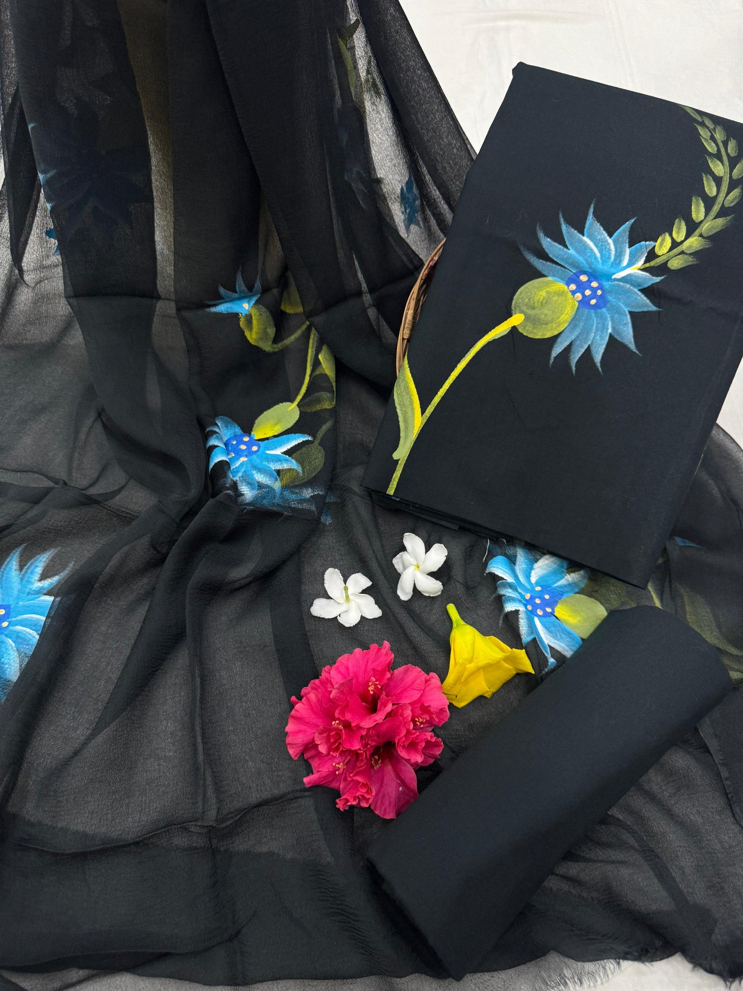 Black Hand Painted Cotton Suit With Hand Painted Chiffon Dupatta