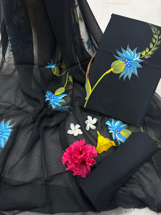 Black Hand Painted Cotton Suit With Hand Painted Chiffon Dupatta