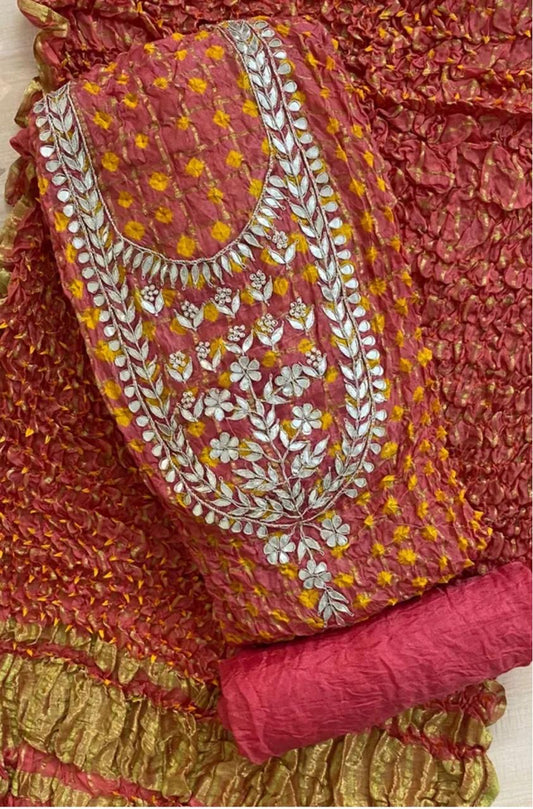 Gajari colour GHATCHOLA Neck BANDHANI Art SILK FABRIC SUITS WITH BEAUTIFUL HAND GOTAPATTI WORK DUPATTA