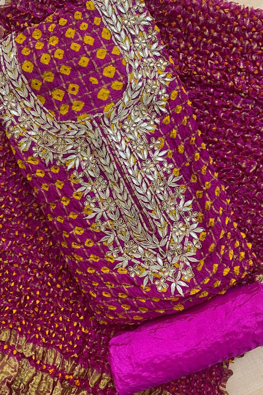 RANI GHATCHOLA Round Neck BANDHANI Art SILK FABRIC SUITS WITH BEAUTIFUL HAND GOTAPATTI WORK DUPATTA