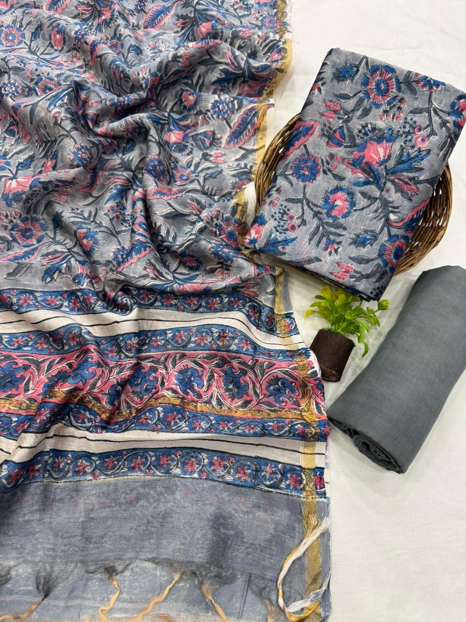 Premium Handblock Print Pure Chanderi Silk Unstitched Suit Set – Handwoven Zari Border | The Bhankar’s