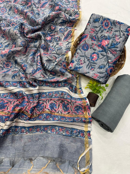 Premium Handblock Print Pure Chanderi Silk Unstitched Suit Set – Handwoven Zari Border | The Bhankar’s