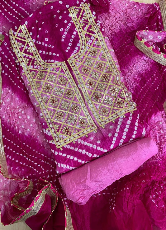 PINK BANDHANI HEAVY ART SILK FABRIC DOUBLE SHADES SUITS WITH BEAUTIFUL HAND GOTAPATTI WORK DUPATTA